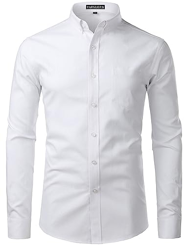 PARKLEES Men's Slim Fit Long Sleeve Smart Casual Button Down Oxford Shirts PZ111 White L