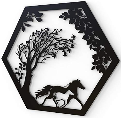 JustComfy Wanddeko aus Metall | 37x32cm | Wand Dekor aus schwarzem Metall | Metallbilder als moderne Wanddekoration für Wohnzimmer & Flur | Motiv Pferde