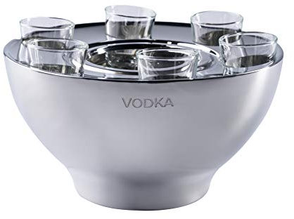 Wodkakühler Wodka Spirituosen Kühler VODKA Edelstahl + 6 Shotgläsern Silber, Flaschenkühler Getränkekühler, Party Geschenk 25x25x14 cm