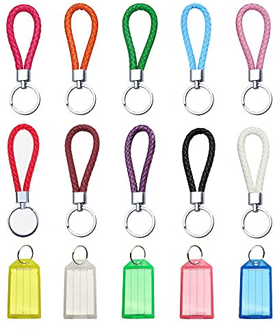 Vasemele Schlüsselanhänger Set 10 Stück Leder Geflochten Schlüsselanhänger Anhänger mit 10 Stück Schlüsselbeschriftungsschilder Schlüsselanhänger Bunt Schlüsselbund Anhänger Schlüsselanhänger Set