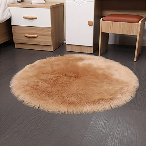 TROYSINC Plüsch Teppich Rund Fellimitat Fellteppich, Faux Lammfell Schaffell Lange Haare Fell Optik Gemütliches Bettvorleger Sofa Matte (Hellbraun,Durchmesser 60 cm)