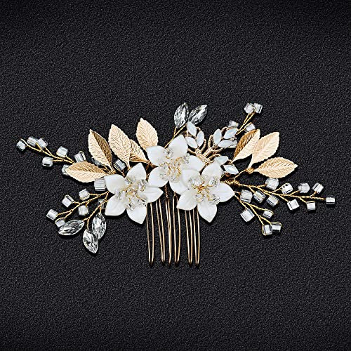 Wedding Hair Accessories, Fanvoes Hair Pieces Comb for Brides Bridal - Gold Headpiece Jewelry Decorations w/Rhinestone Crystal Flower Rose Gold Leaf for Mother of Bride Bridesmaid Women Flower
