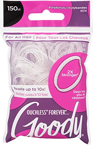 Goody Ouchless Forever Polyband Hair Ties, 150 Ct, Clear, Elastic Bands, Easy Glide, Ultra-Strong Hold Styling Accessories for Women & Men, Secure Hold Ridge Design, All Hair Types