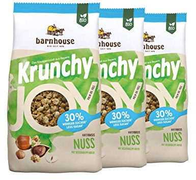 Barnhouse Krunchy Joy Nuss, zuckerreduziertes Bio Hafer-Knuspermüsli aus Bayern, mit knackig gerösteten Haselnüssen, 3 x 375 g