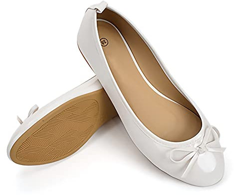 Dernolsea Womens Ballet Flats, Patent Leather Bow Round Toe Foldable Flat Slip On Pumps Dolly Ballerina Shoes White Size 3-3.5