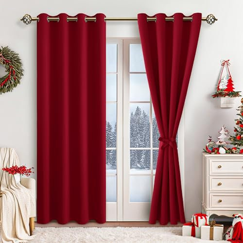 JIUZHEN Gardinen Blickdicht Weihnachtsvorhänge Vorhänge Wohnzimmer mit Vorhang-Krawatten Verdunkelungsvorhang für Schlafzimmer Wärmeisolierende Thermovorhang, Rot, 2 Stück, 245x140cm(HxB)