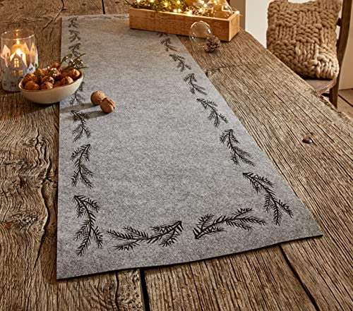 Tischläufer Tannenzweige aus Filz, grau, 40x140 cm, Mitteldecke, Weihnachtstischläufer, Adventstischläufer