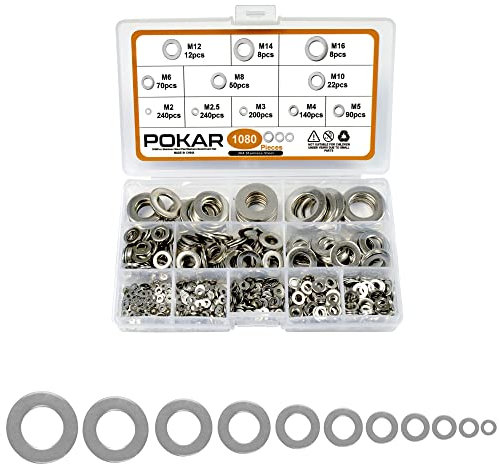 POKAR Flach Unterlegscheiben 1080 Stück Edelstahl Beilagscheiben Unterlegscheiben Sortiment Box Fitschenringe Gewindestange Werkstatt Set M2 M2.5 M3 M4 M5 M6 M8 M10 M12 M14 M16