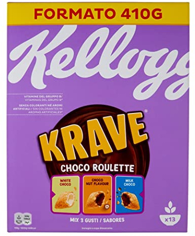 3x Kellogg's Krave Choco Roulette Cerealien Weizen-, Hafer- und Reisbündel mit Milchschokoladenfüllung 410g