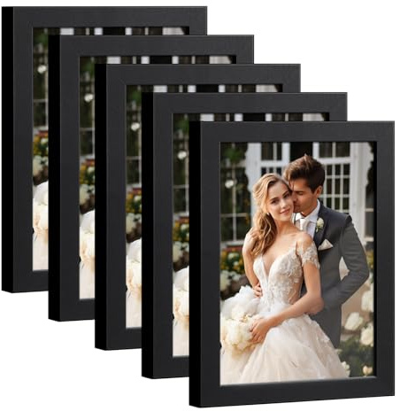 HappyHapi 4x6 Picture Frame Set of 5, Wall or Tabletop Display, Black