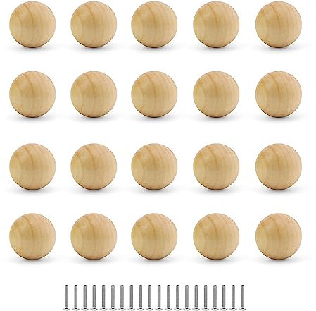 TIANLIN 20 Stück Möbelknöpfe Holz, Kugelförmige Schubladengriffe aus Holz, Schrankgriffe mit Schrauben, Glatte Oberfläche, für Kleiderschrank und Schubladen