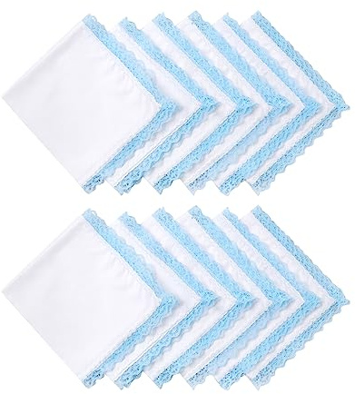 HOULIFE Taschentücher Hochzeit – Kleine Stofftaschentücher Damen, Taschentuch Hochzeit aus Gekämmte Baumwolle Weich Bunt Stickereien mit Spitzen, 12 Stücke, 25x25cm, Hellblau