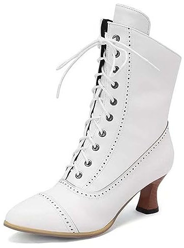 Bkebge Stivaletti da donna in stile vittoriano, gotico, a metà polpaccio, punta rotonda, con lacci, vintage, steampunk, strega cavaliere, 002 Bianco, 37 EU
