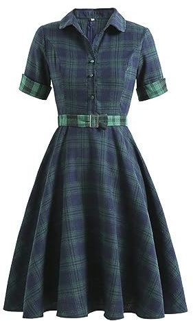 AYAZER Robe Chemise boutonnée Vintage à Carreaux Bleu Vert avec Ceinture Tunique en Coton de Printemps Robe midi élégante pour Femme-Robe rétro à Carreaux-M