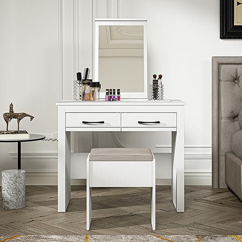 Galano Limestone Dressing Table with Mirror and Cushioned Stool - Bedroom Large Vanity Makeup Table with Drawer Storage – Console Table for Home Hallway and Living (White)