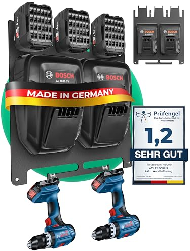Adlerfokus Wandhalterung für Bosch Power-for-All Akkus & Ladegeräte [Made in Germany] Bosch Akkuhalter mit Premium Montagematerial - 33 x 28cm Akku Wandhalterung für Ordnung in der Werkstatt