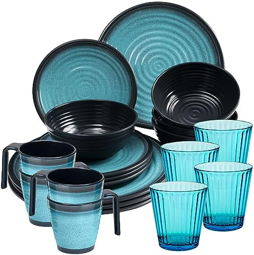 Melamin Geschirrset für 4 Personen blau schwarz - 20 Teile - mit Tassen und blauen Trinkgläsern 360 ml - Campinggeschirr Essgeschirr Gläser Whiskey Campinggeschirr Picknick Camping Outdoor
