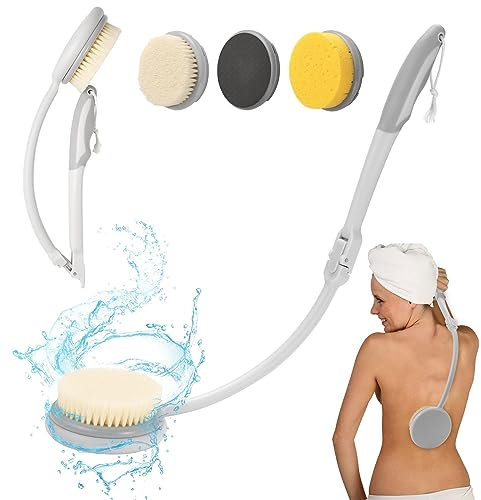 Fanwer Back Scrubber for Shower, 3 in 1 Foldable Bath Brush Long Handle for Shower, Sponge Scrub Brush for Body Washing,Foot Scrubber with Curved Handle for Elderly, Disabled,Men and Women