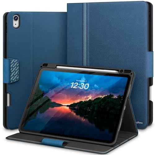 KingBlanc Case for iPad Air 11-inch, Air 5th/4th Blue | Dual-Texture Design, Pencil Holder, PU Leather, Auto Wake/Sleep, Multi-Angle Stand for Viewing/Typing