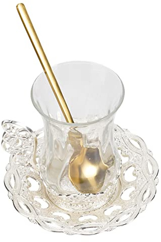 Tassen und Untertassenset 1 Satz aus Aluminiumlegierung und Glas | Silber, für Büro und Café, mit Untertasse und Löffel, Elegant Verziert