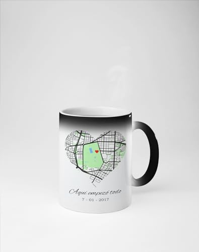 C&P Taza magica mapa del amor donde empezo todo, personalizada con tu ubicacion favorita, 350 ML (CORAZON COLOR)