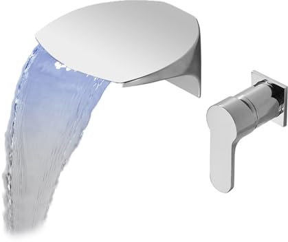 SWHC Robinet Mural Salle Bain, LED 3 Couleurs Mitigeur Lavabo Cascade Robinet Lavabo Laiton Mitigeur Salle de Bain 3 Trous Robinet Lave Main Encastré Chrome Robinet Eau Froide et Chaude