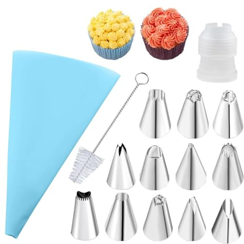 Silicone Piping Bags, 12 pcs Stainless Steel Nozzles Set with Coupler, 1 Reusable Icing Piping Bag with Cleaning Brush for Decorating Cakes, Pastries & Cupcakes