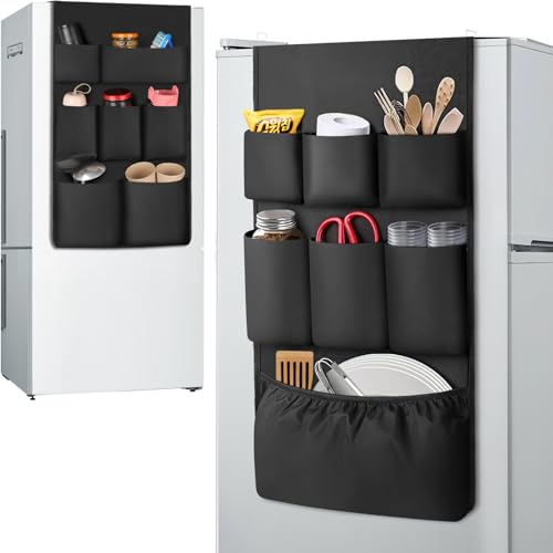 FENYUAN Dorm Room Essentials Mini Fridge Storage, 14 Pockets and Paper Goods Organizer, Dorm and Office Over the Fridge Caddy Organizer, College Essentials Flatware Storage Organizer - Black