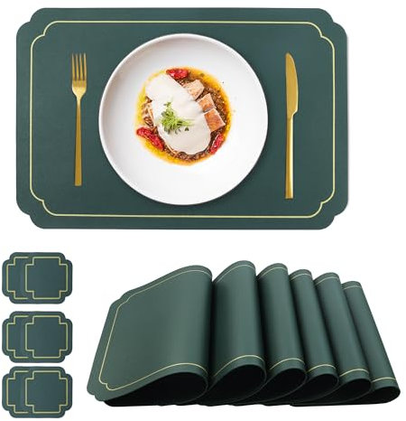 fanquare Set di 6 Tovagliette e Sottobicchieri Verdi Tovagliette Rettangolari in Ecopelle con Bordo Dorato Tovagliette Antiscivolo Resistenti al Calore per Sala da Pranzo Cucina Tavola 45 * 30cm