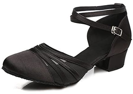 MINITOO Women's Latin Salsa Closed Toe Satin Mesh Ballroom Dance Shoes Party Pumps L189 Black 5cm Heel UK 9