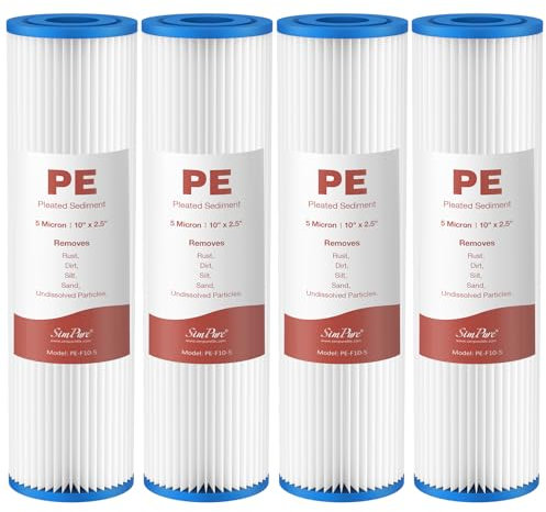 SimPure Filtro dell'acqua a sedimenti pieghettato in poliestere 5 micron 25,4 x 6,3 cm, cartuccia di ricambio universale per tutta la casa, confezione da 4