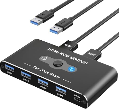 KVM Switch, KVM Switch 1 Monitors 2 Computers, HDMI Switch, 4K@60Hz KVM Switches for 2 Computers Sharing 1 Monitor, 4 USB 3.0 Devices Such as Keyboard, Mouse, Printer, Scanner