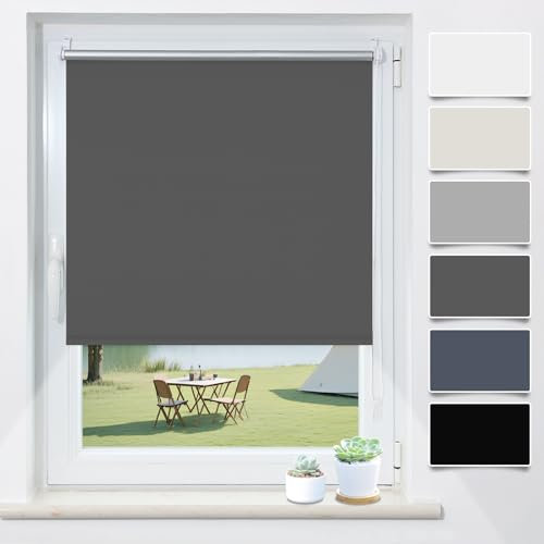 Verdunklungsrollo Klemmfix ohne Bohren Dunkelgrau B60 x H200cm(Stoffbreite 55cm) Rollos für Fenster ohne Bohren Thermo Rollo Verdunkelung Klemmrollo Thermorollo Seitenzugrollo Sonnen- & Hitzeschutz