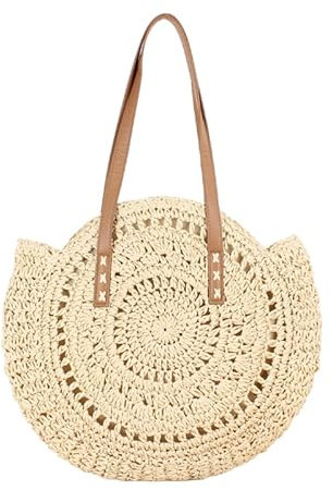 FUNSEED Sac fourre-tout en paille de blé pour femme, sac à main tissé à la main, sac à bandoulière rond creux, Beige H, Taille unique