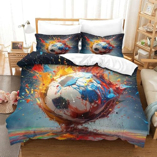 TANLINGFL Fußball 3D Gedruckt Bettwäsche 3 Teilig Bettbezug Set Mit Kissenbezug Soft Microfaser Luxus Modern Mit Reißverschluss Für Erwachsene Und Kinder Single(140x200cm)