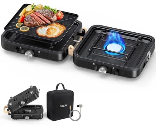 OGERY Réchaud de camping pliable à 2 brûleurs avec fer (texturé et doux) et sac de transport, réchaud au propane portable avec 2 brûleurs réglables et allumage piézoélectrique, poêle de camping