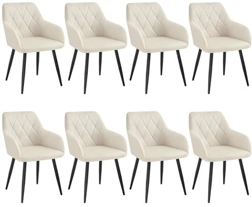 WOLTU Chaises Salle à Manger Lot de 8, Chaise de Cuisine en Velours, Assise Rembourrée avec Accoudoirs et Dossier, Pieds en Métal, Blanc, BH352cm-8