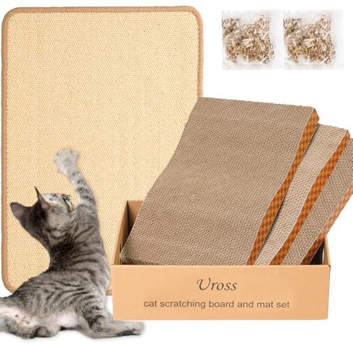 Uross Cat Scratching Board Mat Set- Cardboard Cats Scratcher Pet Scratch Pads Box Scratching Pads for Indoor Cats Sisal Kitty Scratcher Mat Scratch Pad for Cat Horizontal