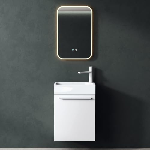 Mai & Mai Waschtisch mit Unterschrank BxTxH 46x26x63cm inkl. LED-Spiegel | Badmöbelset für Gäste WC, Waschbeckenunterschrank in Weiß Matt und Waschbecken Pisa