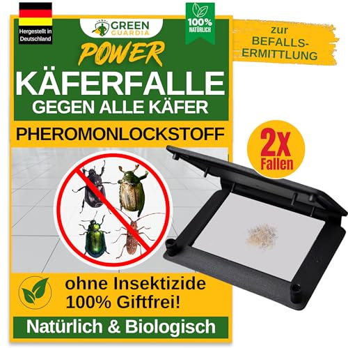 GREEN GUARDIA Käfer Falle mit Pheromon-Lockstoff - 2X Fallen - umweltfreundlich Ungeziefer bekämpfen, Chemiefreie Pheromonfalle mit austauschbaren Klebeflächen, giftfrei und geruchsneutral