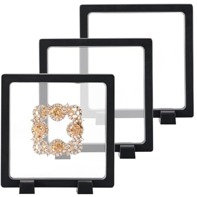 CAIYA 3 Stück Schweberahmen Displayrahmen Transparenter Münzen Display Rahmen mit Basis Schwimmenden Schmuck Box für Schmuck, Medaillen, Münzen, Halskette, Ring, Specimens (11 X 11 cm, Schwarz)