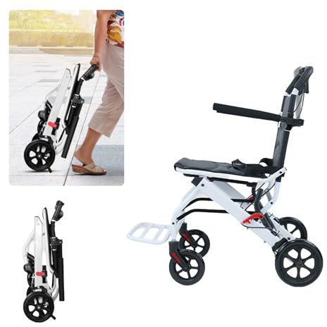 loyliawa Leichter faltbarer Rollstuhl für Erwachsene, tragbarer und ergonomischer Reiserollstuhl mit verstellbarem Sicherheitsgurt, PU-Rädern und Rahmen aus Karbonstahl, kompaktes faltbares Design, 90