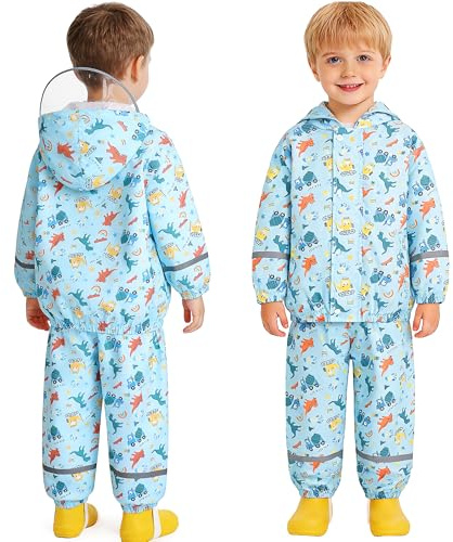 JinBei Tuta Impermeabile Bambino Leggero Tuta Pioggia Bambina, 1-7 Anni | con Cappuccio, Strisce Riflettenti, Pantaloni e Giacca, Antipioggia Impermeabili， Motivi Stampati, per Scuola, Camping