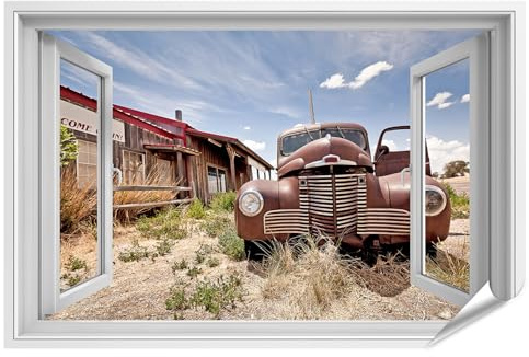 islandburner Prime, poster con immagine antica auto davanti a casa in legno nel deserto con vista finestra aperta, immagini premium