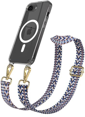 EAZY CASE Handykette - Verstellbares Taschenband kompatibel mit iPhone 16e, Schulterriemen, Handykordel mit Silikon Hülle, Qi Charging kompatibel, Umhängetasche, Blau Weiß Gold