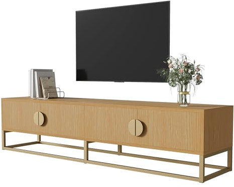 LERFAN Meuble TV, console de 180 cm, centre de divertissement, avec grain de bois, armoire de salle à manger moderne, 4 portes, poignées semi-circulaires