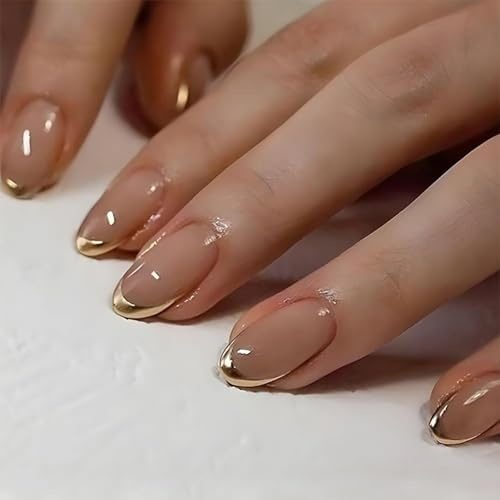 Evadollina Press On Nails, 24 uñas adhesivas, uñas de diseño almendra con borde dorado, Nail Tips, uñas postizas, uñas adhesivas, uñas falsas