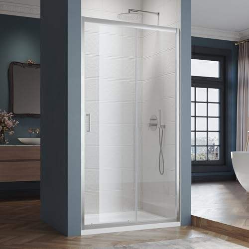 SIRHONA Cabine de douche Coulissante 110 x 185 cm Paroi de douche Transparent coulissante verre sécurit 5mm, Facile à nettoyer, blanc argenté
