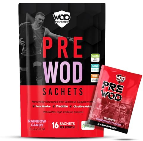 Pre Workout Sachets - 16 Sachets per Pouch | High Caffeine Pre Workout Supplement | PRE WOD Supplement for Crossfit WOD | Made in The UK by WOD Powders (16 Sachets, Rainbow Candy)
