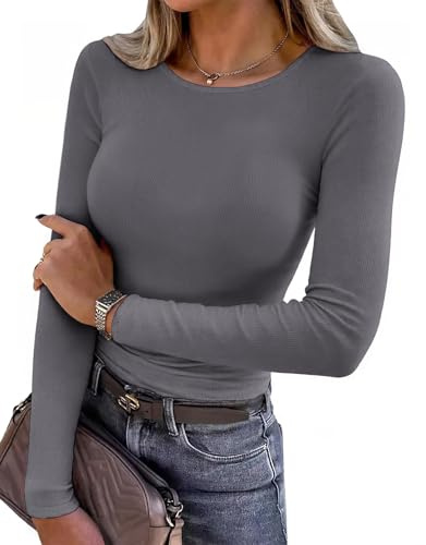 Aottori Women Long Sleeve Tops Crew Neck Shirts Ribbed Basic Tee | Stretchy Fitted Top, Soft Round Neck T Shirt, Solid Color Base Layer, Fall Outfits Casual T-Shirts, Business Work Daily Wear
